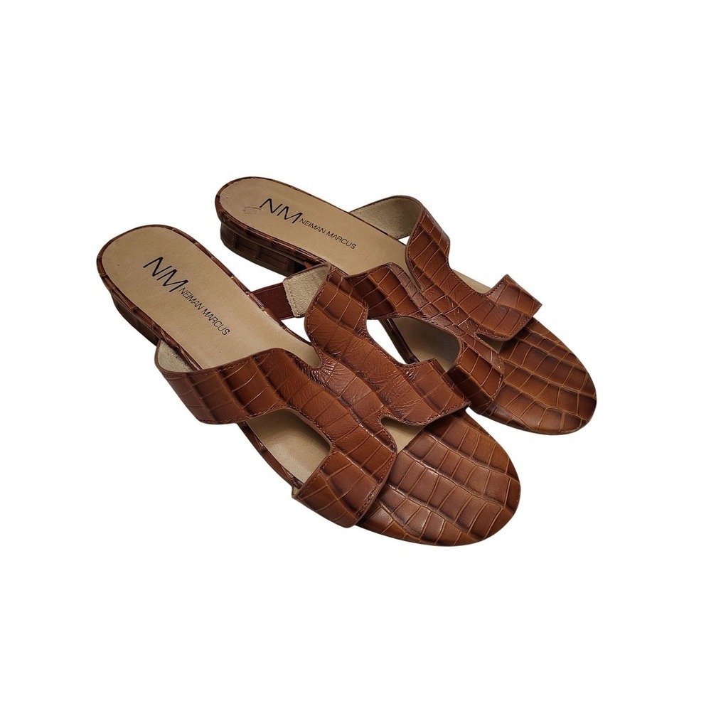 Neiman Marcus Brown Belita Croc-Print Slide Cage Flat Sandals 9